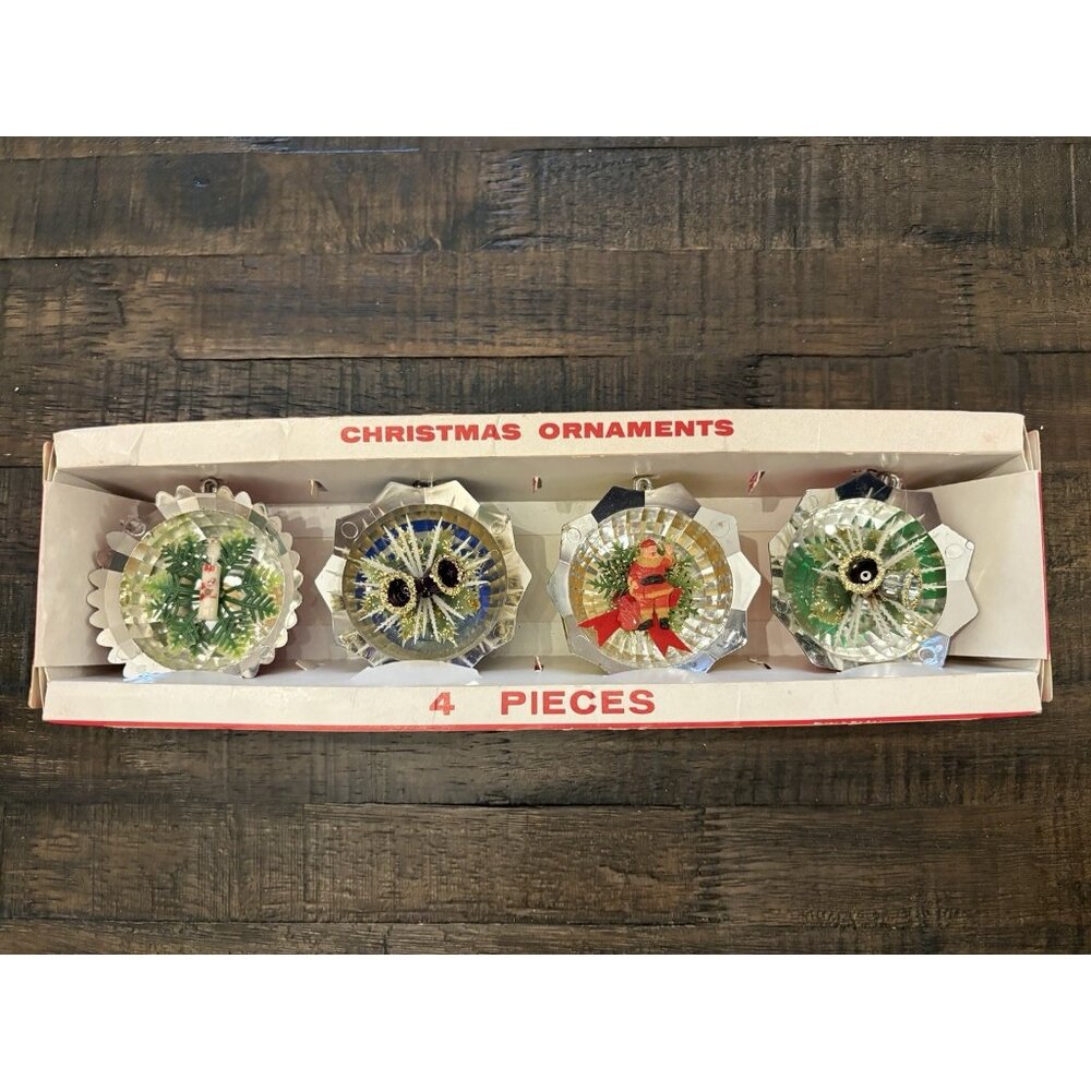 Vintage Diorama Plastic Christmas Ornaments Inset Bells Candle Santa